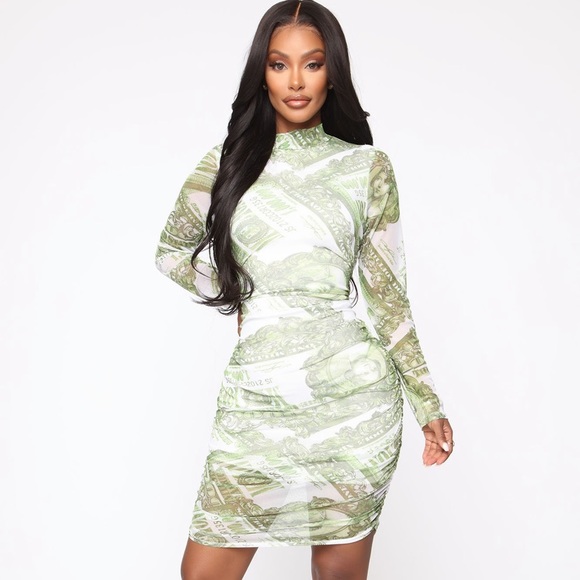 FASHIONNOVA MONEY PRINT SHEER DRESS - Picture 1 of 7